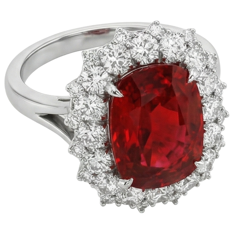 Bague Rubis Rouge Taille Coussin Avec Diamant Naturels Extraits des Mines ( et non cultivés en laboratoire ) Or Blanc 14K 7.25 Ct