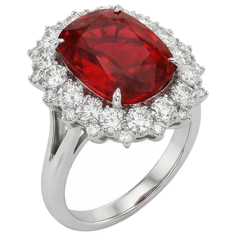 Bague Rubis Rouge Taille Coussin Avec Diamant Naturels Extraits des Mines ( et non cultivés en laboratoire ) Or Blanc 14K 7.25 Ct