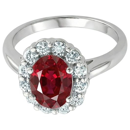 Bague Rubis Rouge Taille Ovale Et Diamants Naturels Extraits des Mines ( et non cultivés en laboratoire ) 5 Carats Bijoux Or Blanc 14K