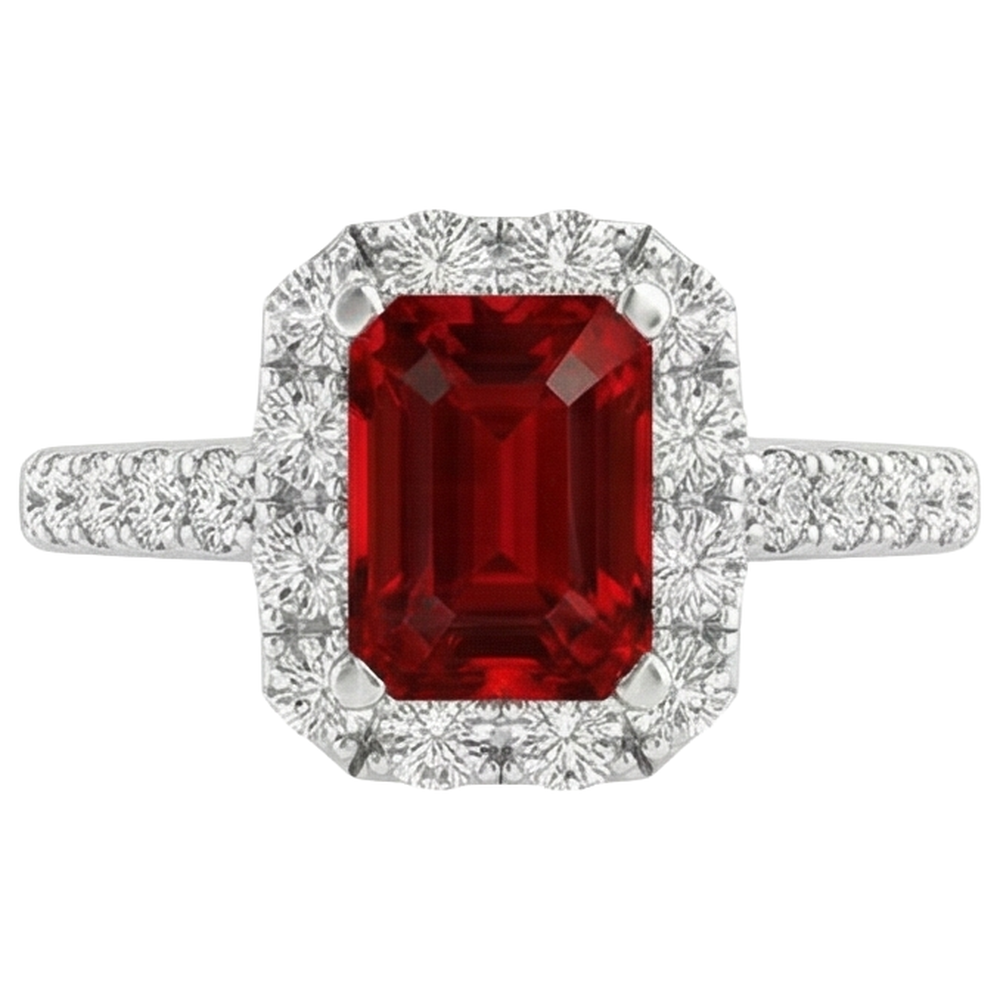 Bague Rubis Taille Émeraude 3.75 Carats Et Diamants Naturels Extraits des Mines ( et non cultivés en laboratoire ) Ronds Or Blanc 14K