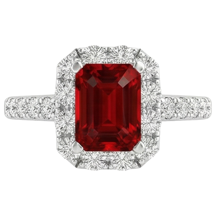 Bague Rubis Taille Émeraude 3.75 Carats Et Diamants Naturels Extraits des Mines ( et non cultivés en laboratoire ) Ronds Or Blanc 14K