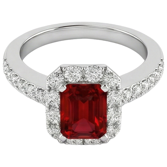 Bague Rubis Taille Émeraude 3.75 Carats Et Diamants Naturels Extraits des Mines ( et non cultivés en laboratoire ) Ronds Or Blanc 14K
