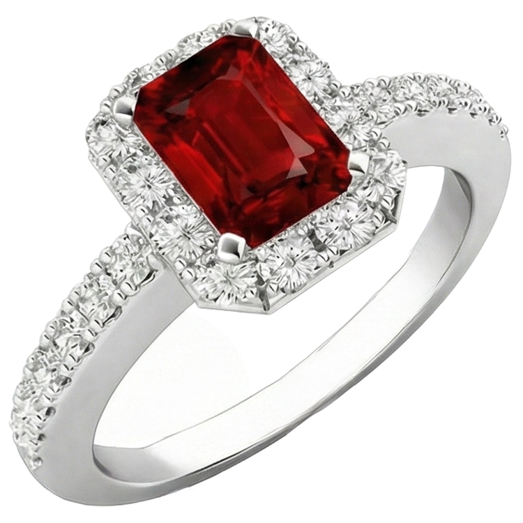 Bague Rubis Taille Émeraude 3.75 Carats Et Diamants Naturels Extraits des Mines ( et non cultivés en laboratoire ) Ronds Or Blanc 14K