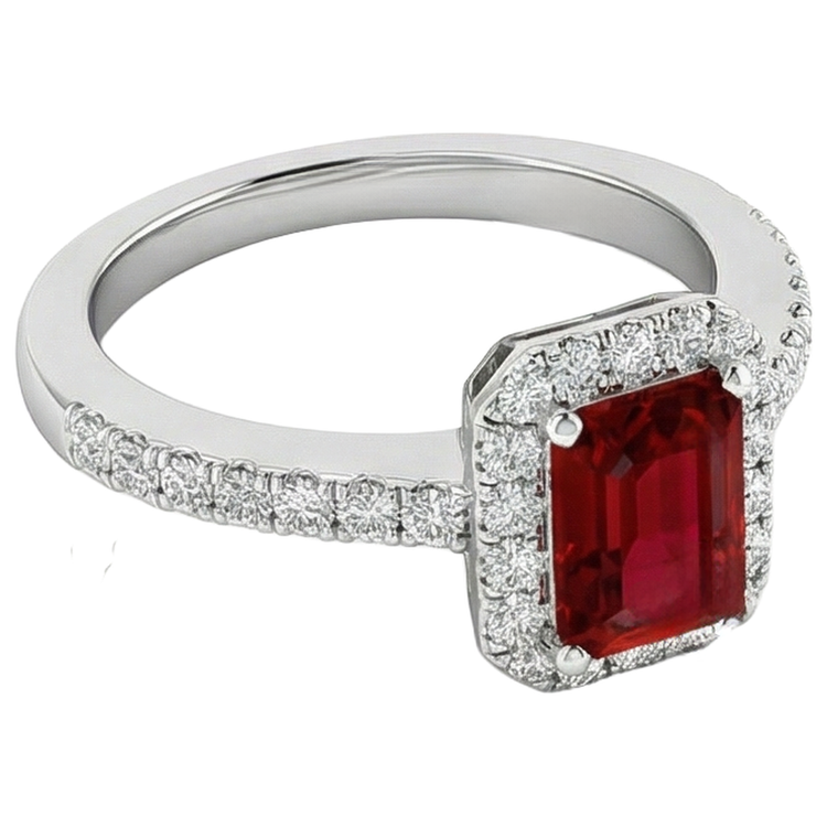 Bague Rubis Taille Émeraude 3.75 Carats Et Diamants Naturels Extraits des Mines ( et non cultivés en laboratoire ) Ronds Or Blanc 14K