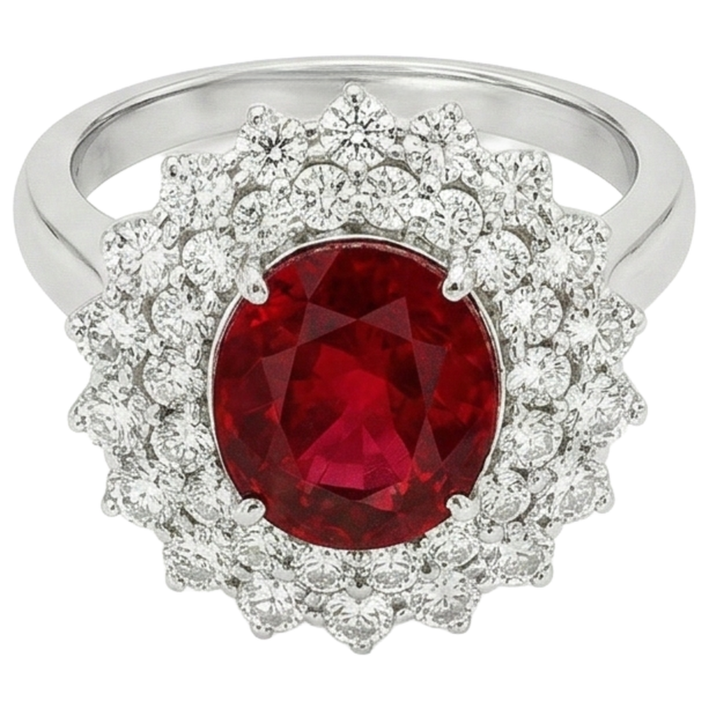 Bague Rubis Taille Ovale 6.25 Ct Avec Diamants Or Blanc 14K