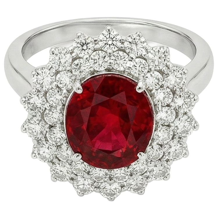 Bague Rubis Taille Ovale 6.25 Ct Avec Diamants Or Blanc 14K