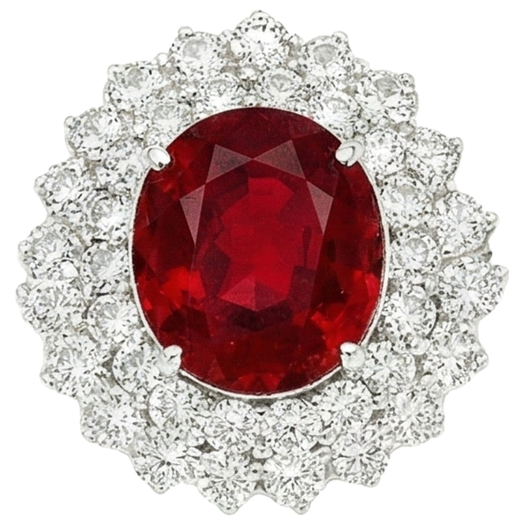 Bague Rubis Taille Ovale 6.25 Ct Avec Diamants Or Blanc 14K
