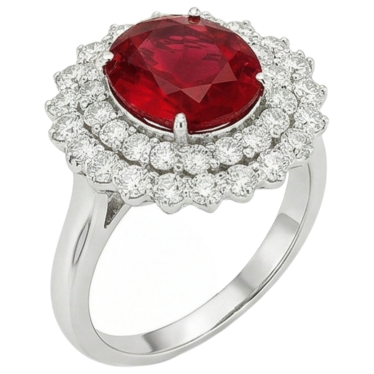 Bague Rubis Taille Ovale 6.25 Ct Avec Diamants Or Blanc 14K
