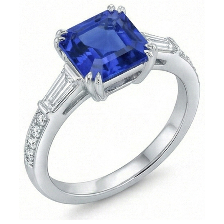 Bague Saphir Asscher Style 3 Pierres Baguette 3 Carats & Diamants Ronds