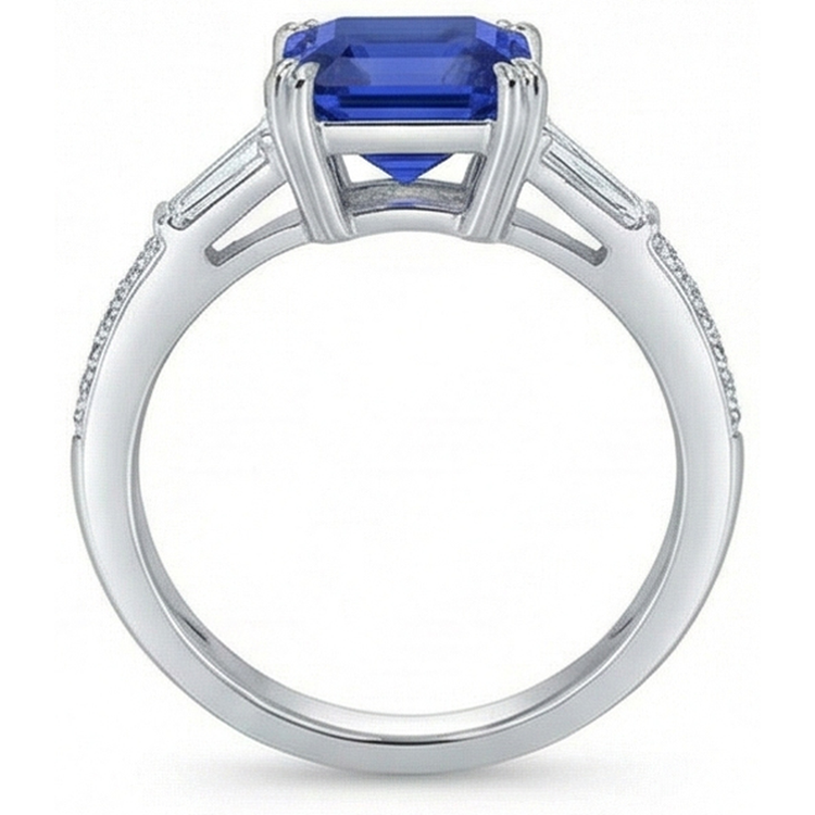 Bague Saphir Asscher Style 3 Pierres Baguette 3 Carats & Diamants Ronds