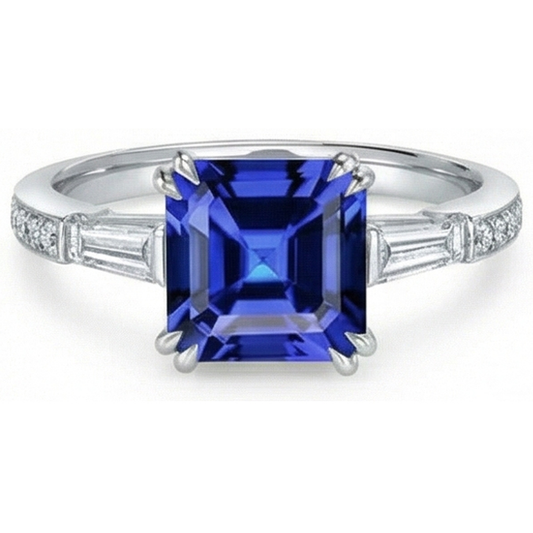 Bague Saphir Asscher Style 3 Pierres Baguette 3 Carats & Diamants Ronds
