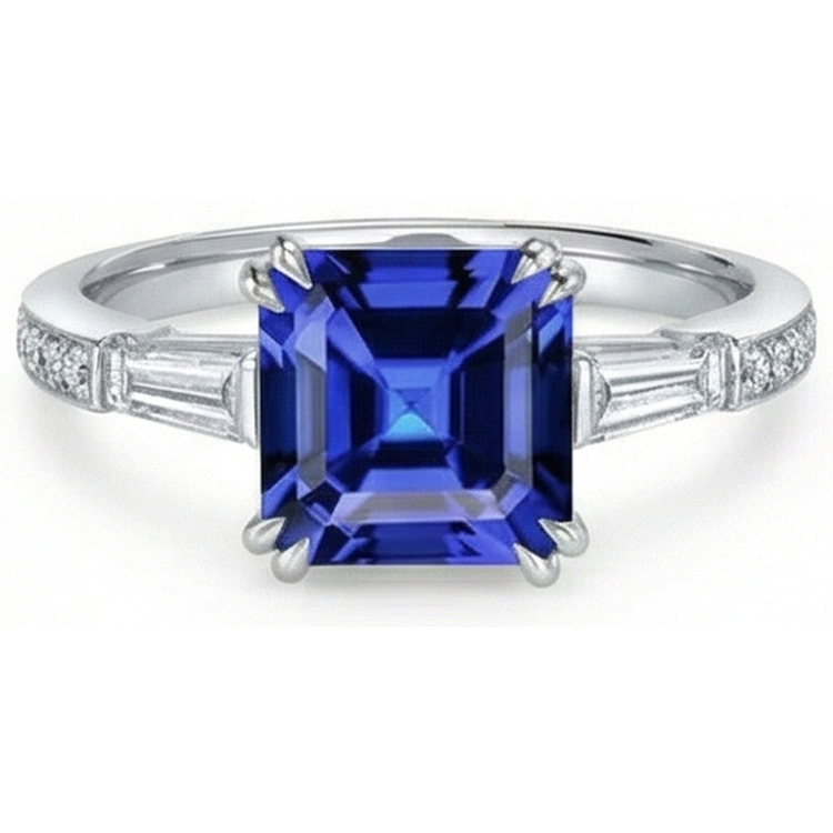 Bague Saphir Asscher Style 3 Pierres Baguette 3 Carats & Diamants Ronds