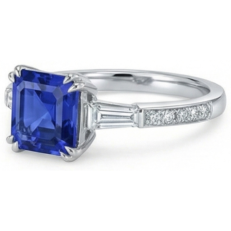 Bague Saphir Asscher Style 3 Pierres Baguette 3 Carats & Diamants Ronds