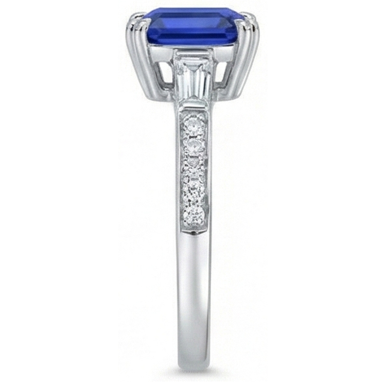 Bague Saphir Asscher Style 3 Pierres Baguette 3 Carats & Diamants Ronds