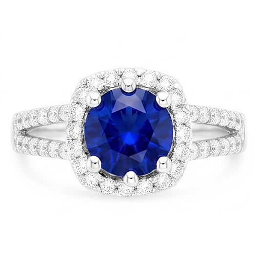 Bague Saphir Bleu 2.50 Carats Et Diamant Naturels Extraits des Mines ( et non cultivés en laboratoire ) Rond Blanc Or Blanc