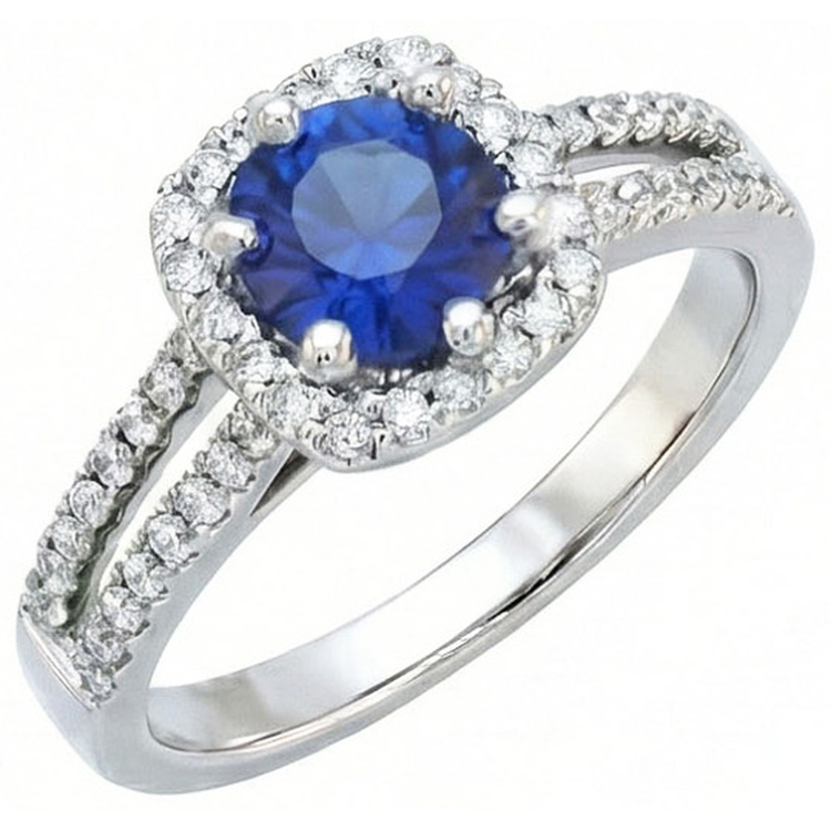 Bague Saphir Bleu 2.50 Carats Et Diamant Naturels Extraits des Mines ( et non cultivés en laboratoire ) Rond Blanc Or Blanc
