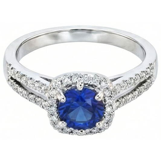 Bague Saphir Bleu 2.50 Carats Et Diamant Naturels Extraits des Mines ( et non cultivés en laboratoire ) Rond Blanc Or Blanc