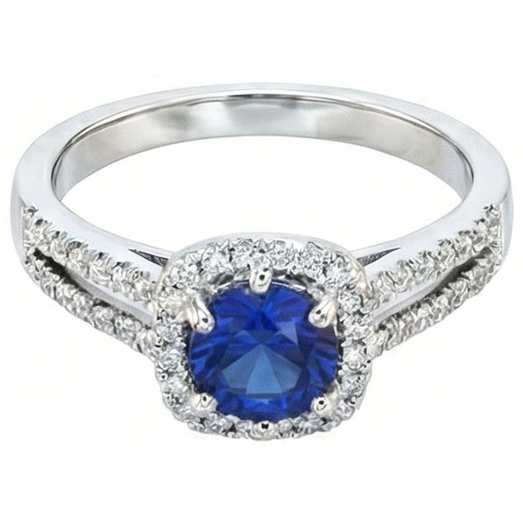 Bague Saphir Bleu 2.50 Carats Et Diamant Naturels Extraits des Mines ( et non cultivés en laboratoire ) Rond Blanc Or Blanc