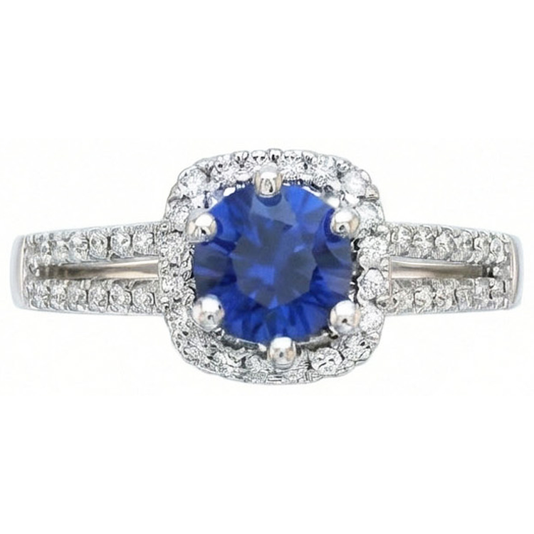 Bague Saphir Bleu 2.50 Carats Et Diamant Naturels Extraits des Mines ( et non cultivés en laboratoire ) Rond Blanc Or Blanc