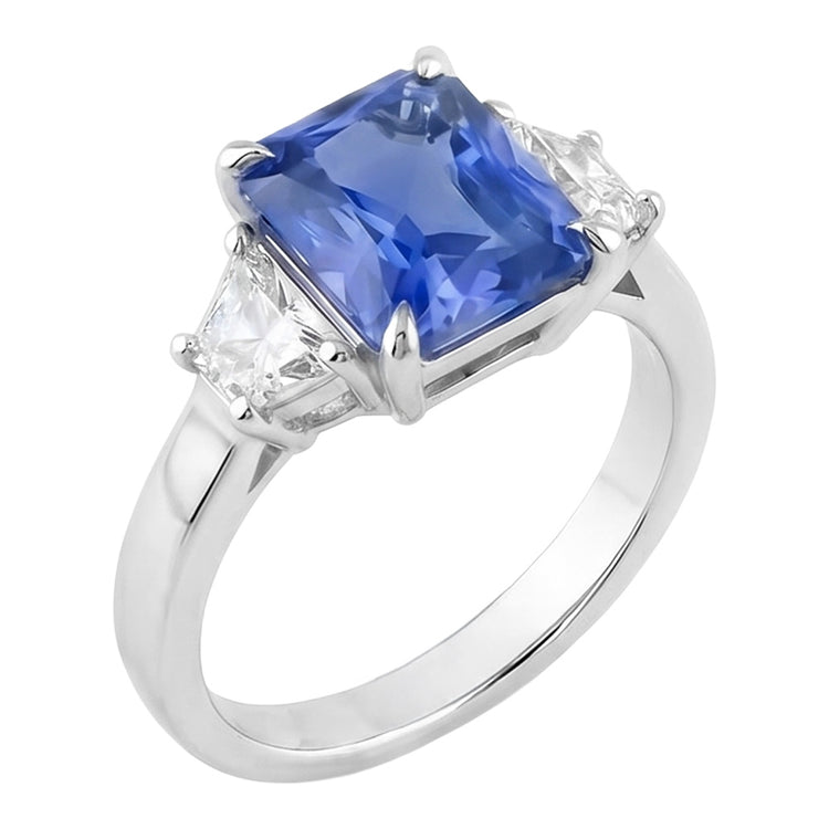 Bague Saphir Bleu 3 Pierres Demi Lune Diamants Sertie De Griffes 3.50 Carats