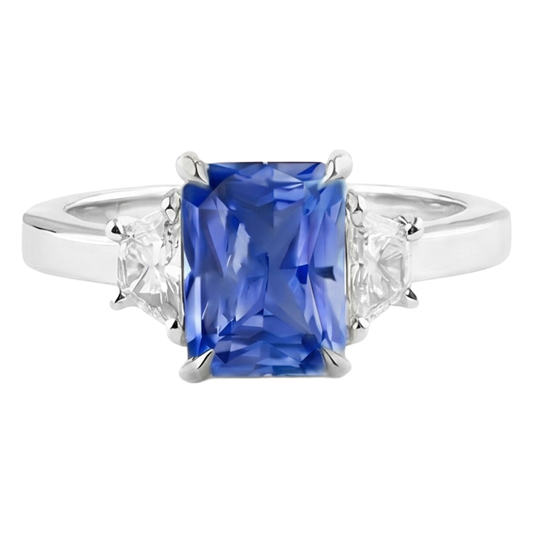 Bague Saphir Bleu 3 Pierres Demi Lune Diamants Sertie De Griffes 3.50 Carats