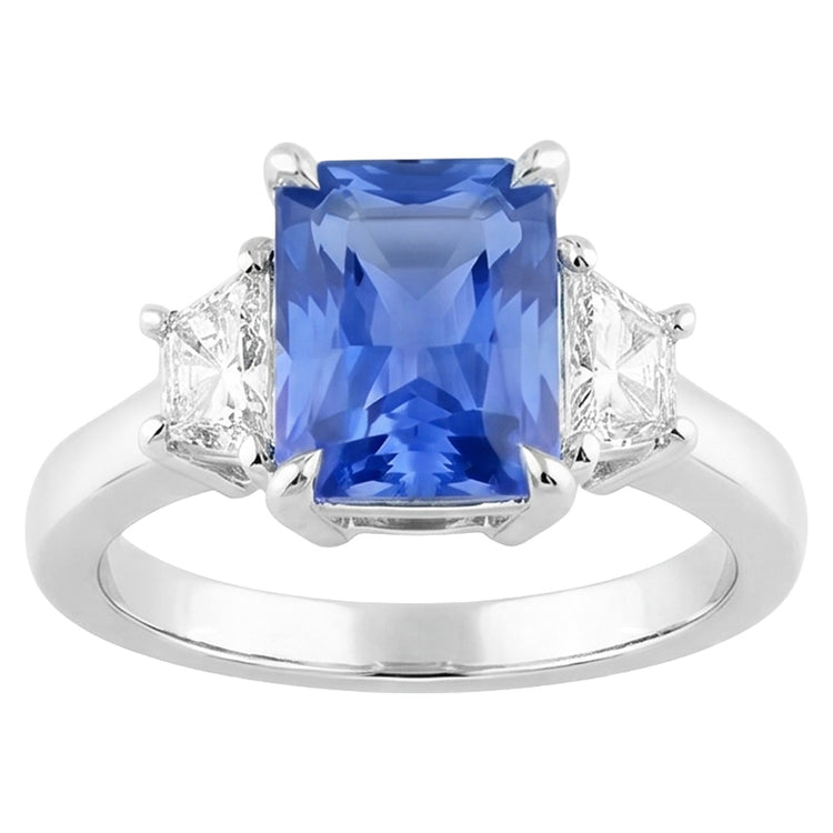 Bague Saphir Bleu 3 Pierres Demi Lune Diamants Sertie De Griffes 3.50 Carats