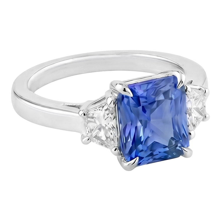 Bague Saphir Bleu 3 Pierres Demi Lune Diamants Sertie De Griffes 3.50 Carats