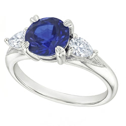 Bague Saphir Bleu 3 Pierres Saphir Rond 1.50 Carats Poire Diamants