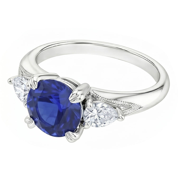 Bague Saphir Bleu 3 Pierres Saphir Rond 1.50 Carats Poire Diamants