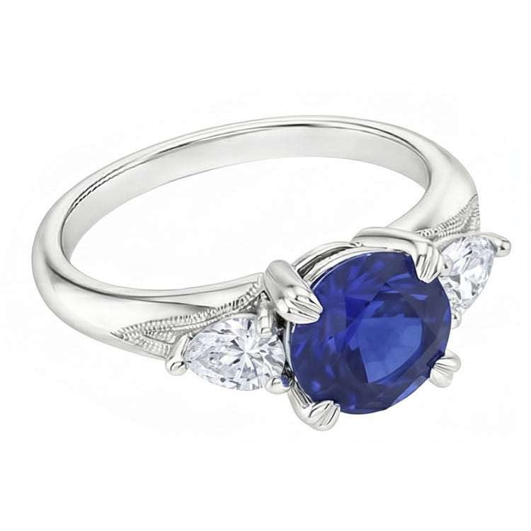 Bague Saphir Bleu 3 Pierres Saphir Rond 1.50 Carats Poire Diamants