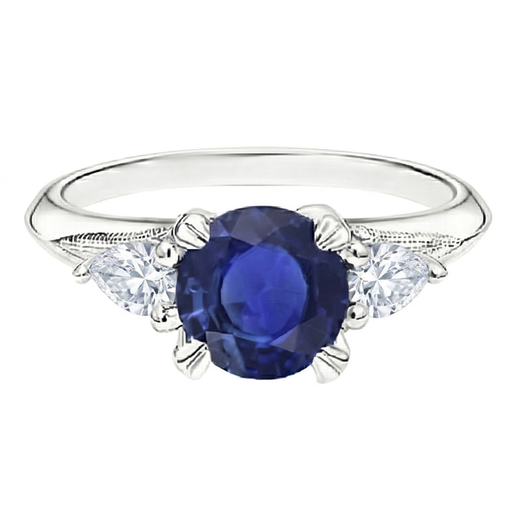 Bague Saphir Bleu 3 Pierres Saphir Rond 1.50 Carats Poire Diamants