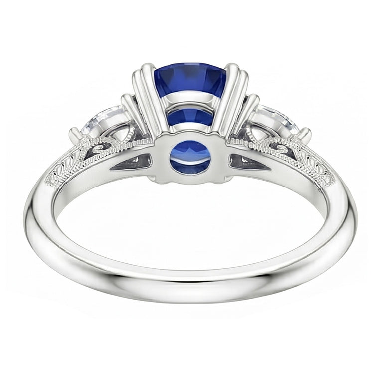 Bague Saphir Bleu 3 Pierres Saphir Rond 1.50 Carats Poire Diamants