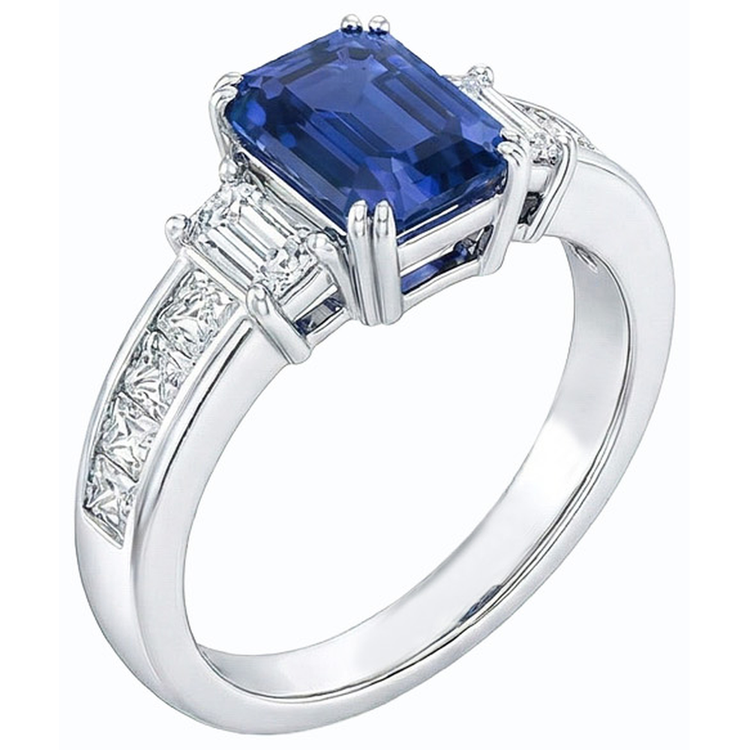 Bague Saphir Bleu 3 Pierres Taille Emeraude & Diamants Princesse 4 Carats