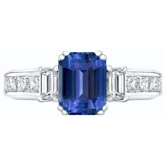 Bague Saphir Bleu 3 Pierres Taille Emeraude & Diamants Princesse 4 Carats