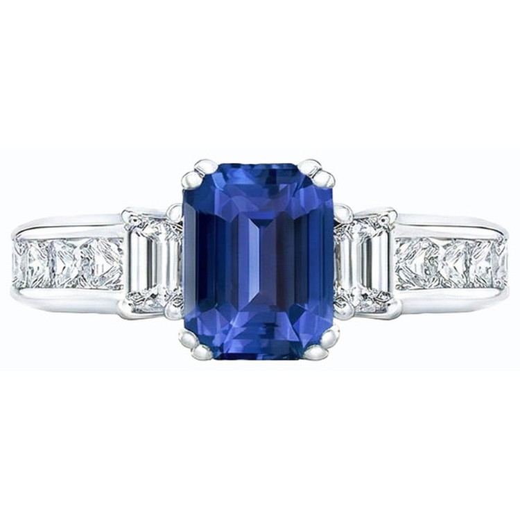 Bague Saphir Bleu 3 Pierres Taille Emeraude & Diamants Princesse 4 Carats