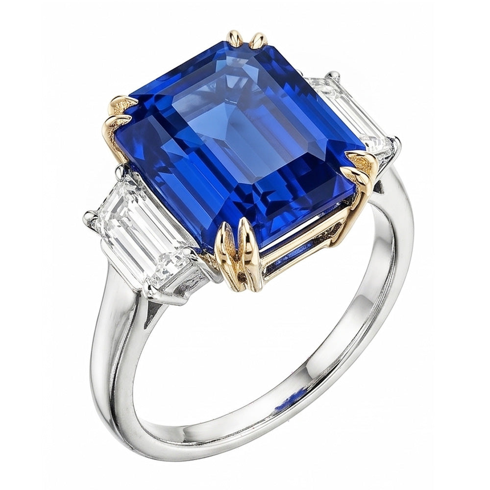 Bague Saphir Bleu 8 Carats Et Diamants Naturels Extraits des Mines ( et non cultivés en laboratoire )