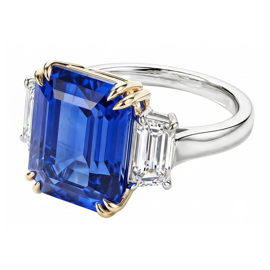 Bague Saphir Bleu 8 Carats Et Diamants Naturels Extraits des Mines ( et non cultivés en laboratoire )