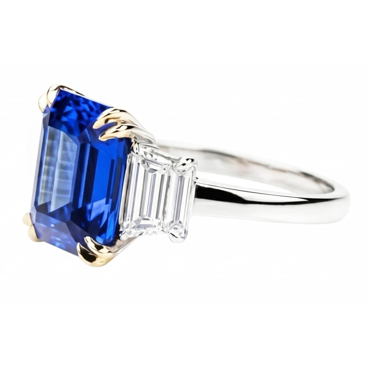 Bague Saphir Bleu 8 Carats Et Diamants Naturels Extraits des Mines ( et non cultivés en laboratoire )