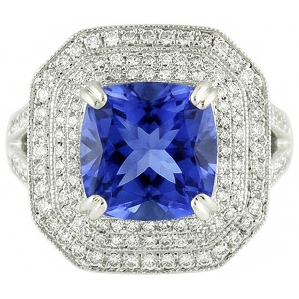 Bague Saphir Bleu Avec Halo De Diamants Naturels Extraits des Mines ( et non cultivés en laboratoire )