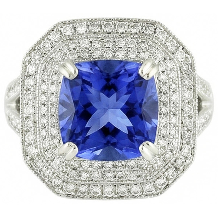 Bague Saphir Bleu Avec Halo De Diamants Naturels Extraits des Mines ( et non cultivés en laboratoire )