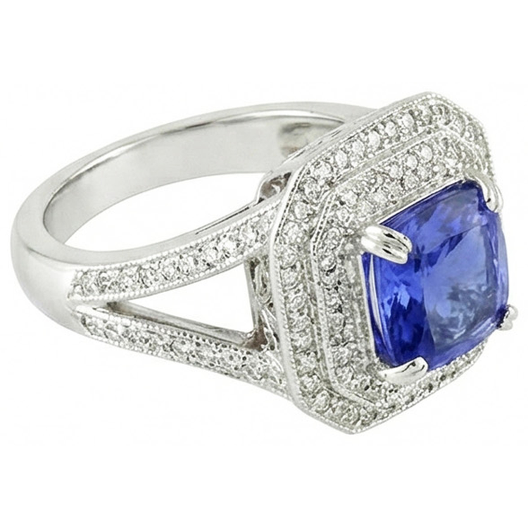 Bague Saphir Bleu Avec Halo De Diamants Naturels Extraits des Mines ( et non cultivés en laboratoire )