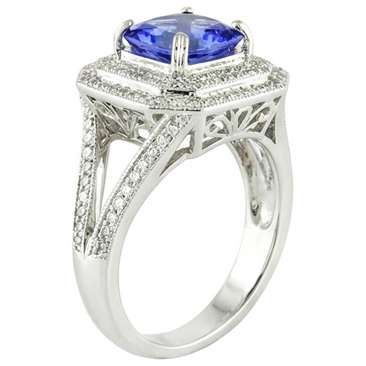 Bague Saphir Bleu Avec Halo De Diamants Naturels Extraits des Mines ( et non cultivés en laboratoire )