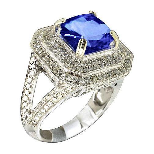 Bague Saphir Bleu Avec Halo De Diamants