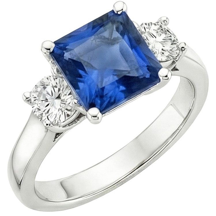 Bague Saphir Bleu Ceylan 4 Carats & Diamant Naturels Extraits des Mines ( et non cultivés en laboratoire ) Rond 3 Pierres Or 14K