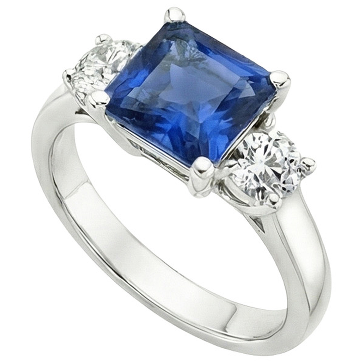 Bague Saphir Bleu Ceylan 4 Carats & Diamant Naturels Extraits des Mines ( et non cultivés en laboratoire ) Rond 3 Pierres Or 14K