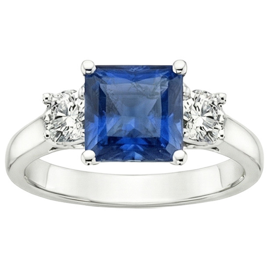 Bague Saphir Bleu Ceylan 4 Carats & Diamant Naturels Extraits des Mines ( et non cultivés en laboratoire ) Rond 3 Pierres Or 14K