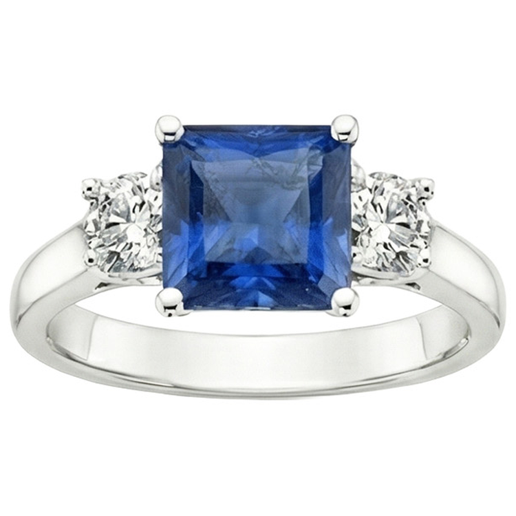 Bague Saphir Bleu Ceylan 4 Carats & Diamant Naturels Extraits des Mines ( et non cultivés en laboratoire ) Rond 3 Pierres Or 14K