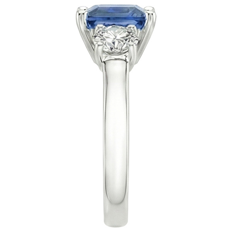 Bague Saphir Bleu Ceylan 4 Carats & Diamant Naturels Extraits des Mines ( et non cultivés en laboratoire ) Rond 3 Pierres Or 14K