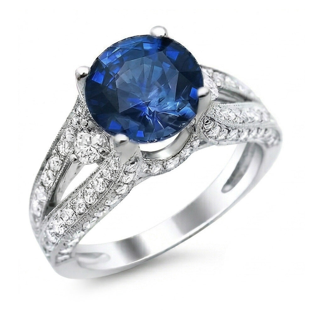 Bague Saphir Bleu Ceylan Avec Diamants Naturels Extraits des Mines ( et non cultivés en laboratoire ) Or Blanc 4 Ct 14K