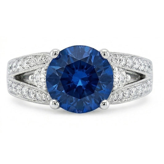 Bague Saphir Bleu Ceylan Avec Diamants Naturels Extraits des Mines ( et non cultivés en laboratoire ) Or Blanc 4 Ct 14K